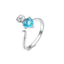 Piedras preciosas azules lindo gatito mujeres anillos joyería genuina 100% 925 joyería de plata esterlina anillos redimensionables